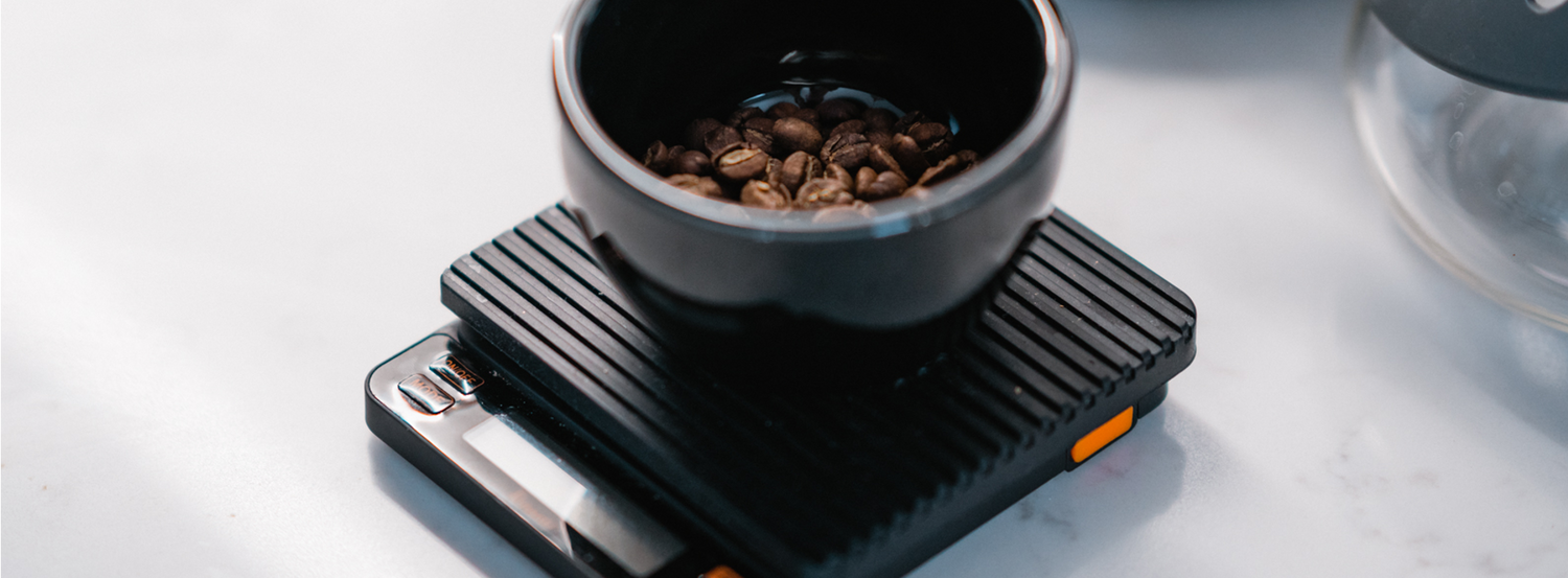 A Brewista scale weighing a cup full of coffee beans.