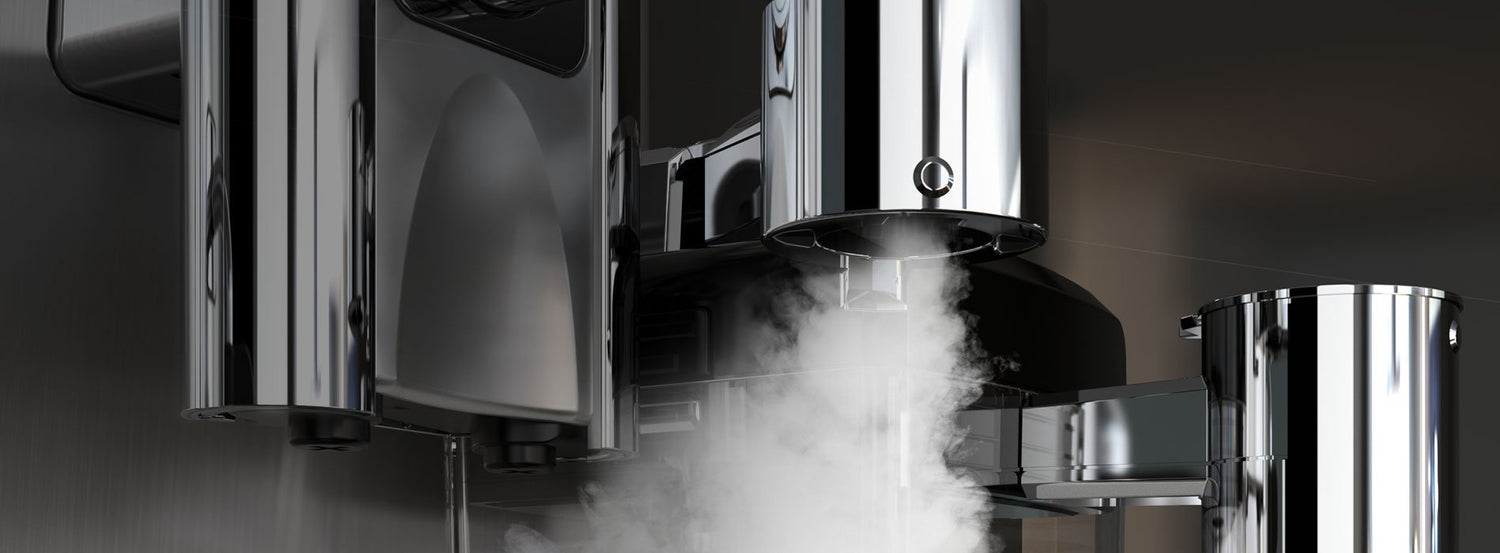 Closeup of a refurbished automatic espresso machine, steaming with its integrated carafe.