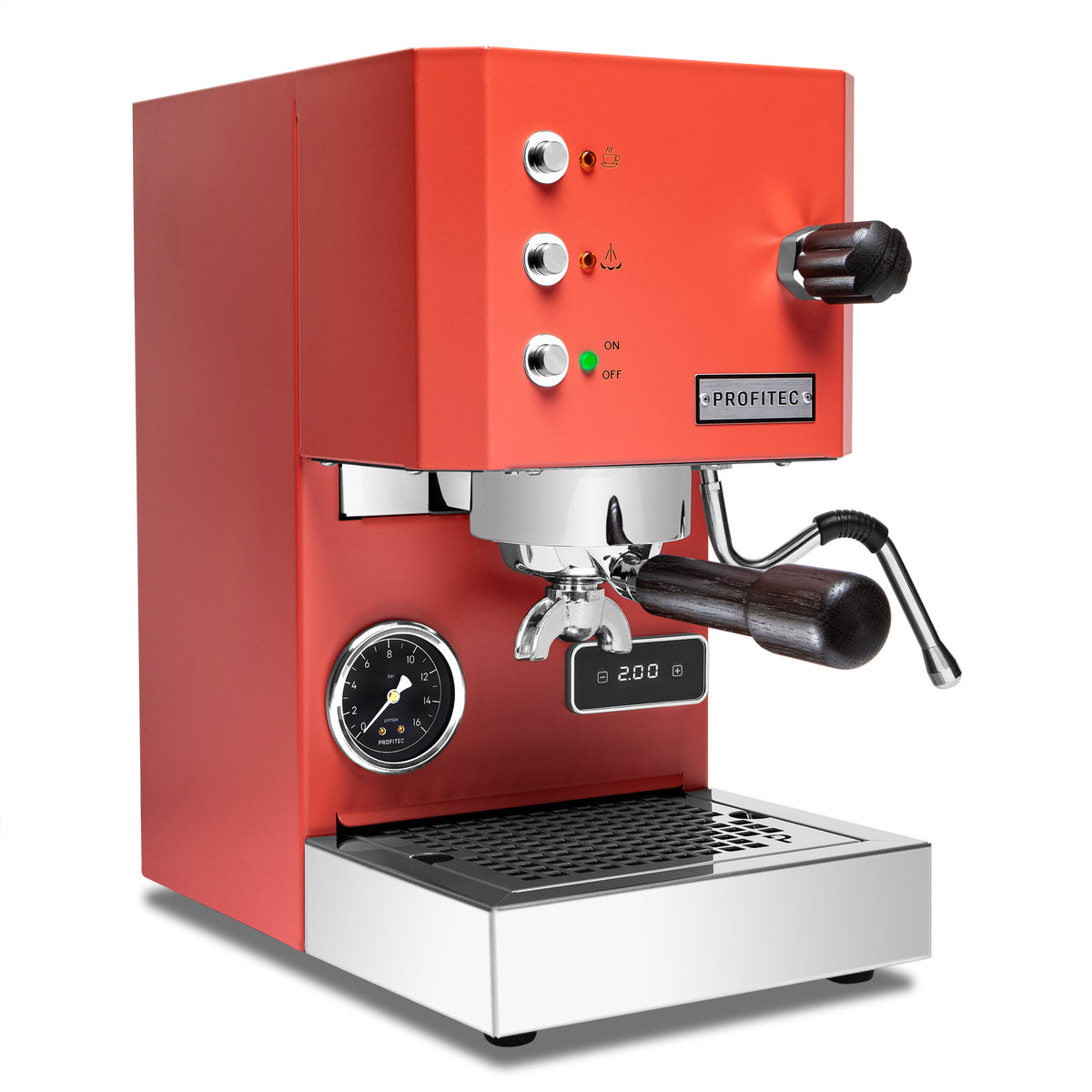 Profitec GO Espresso Machine Red with Blackened Oak Whole Latte Love