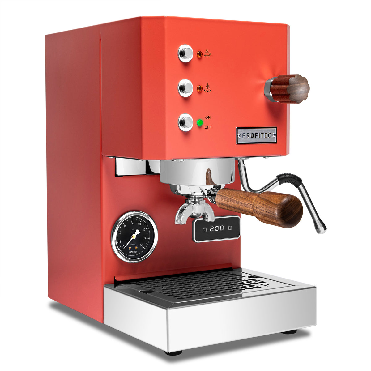 Profitec GO Espresso Machine Red with Walnut Whole Latte Love