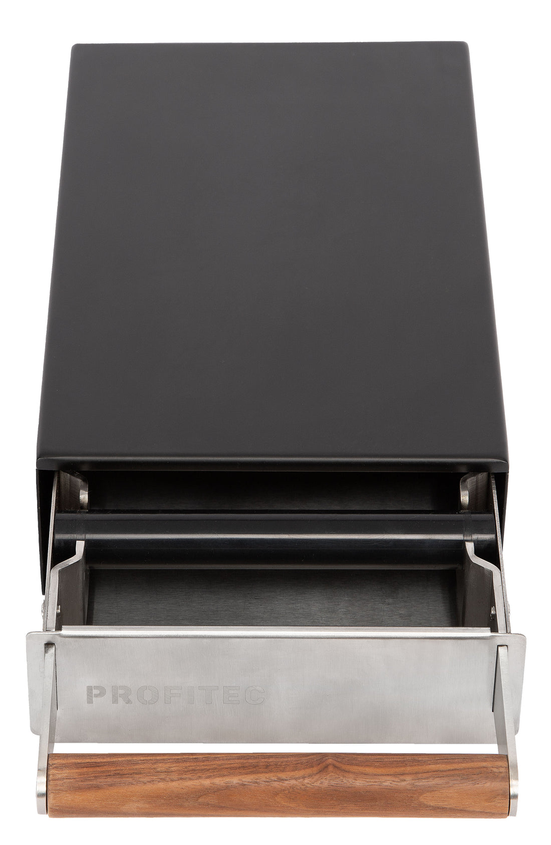 Profitec Knock Drawer Matte Black with Wooden Handle Drawer Open || Matte Black