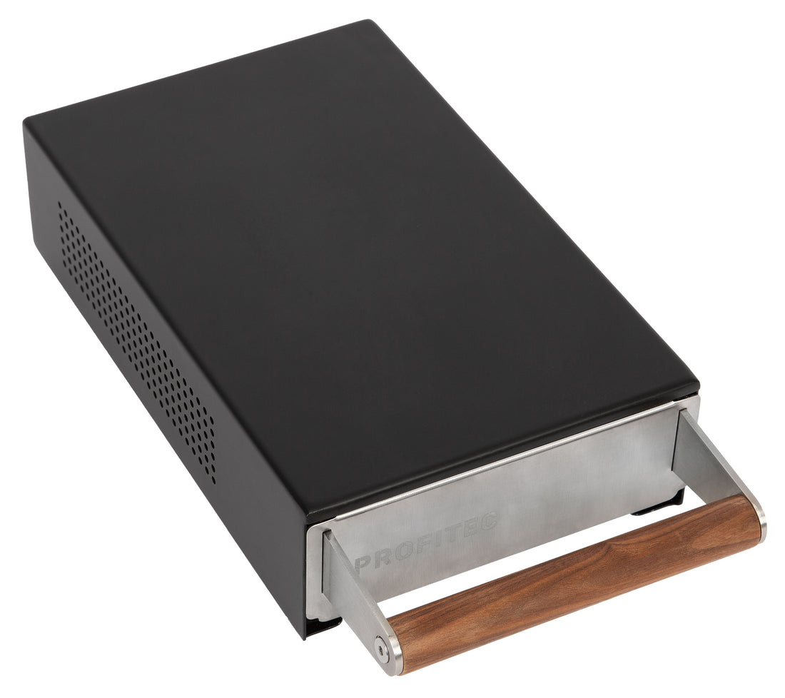 Profitec Knock Drawer Matte Black with Wooden Handle Overhead || Matte Black