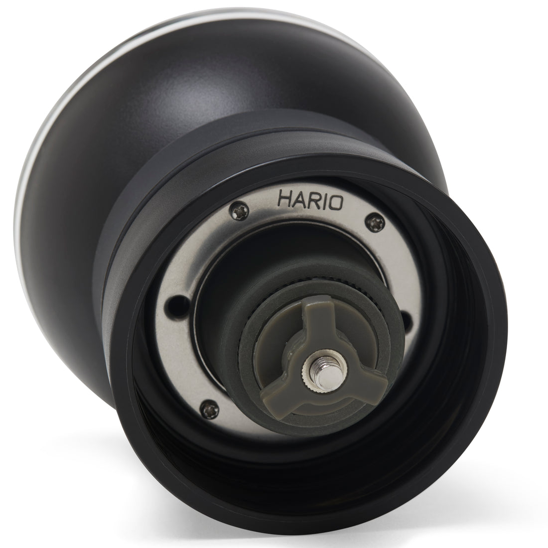 Close-up of Bottom of Burr Set including Adjustment Knob on Hario Skerton Pro Ceramic Coffee Mill