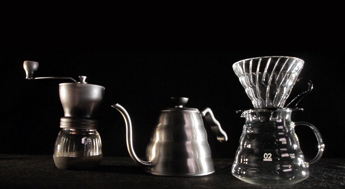 Hario V60 Buono Coffee Drip Kettle and accessories