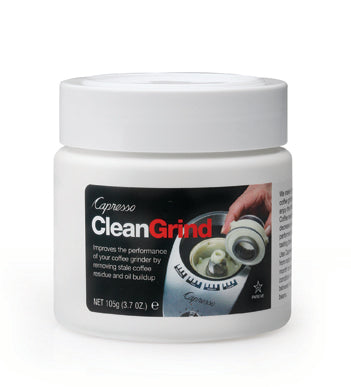 Jar of Capresso Clean Grind coffee grinder cleaning tablets.