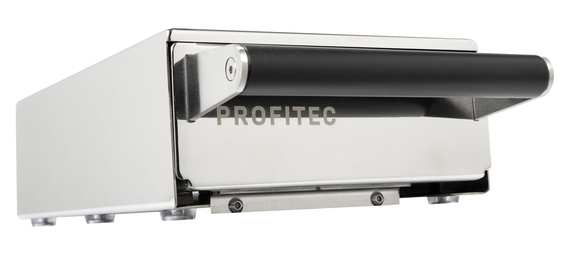 Profitec Knock Drawer Polished Steel Logo Closeup || Polished Steel