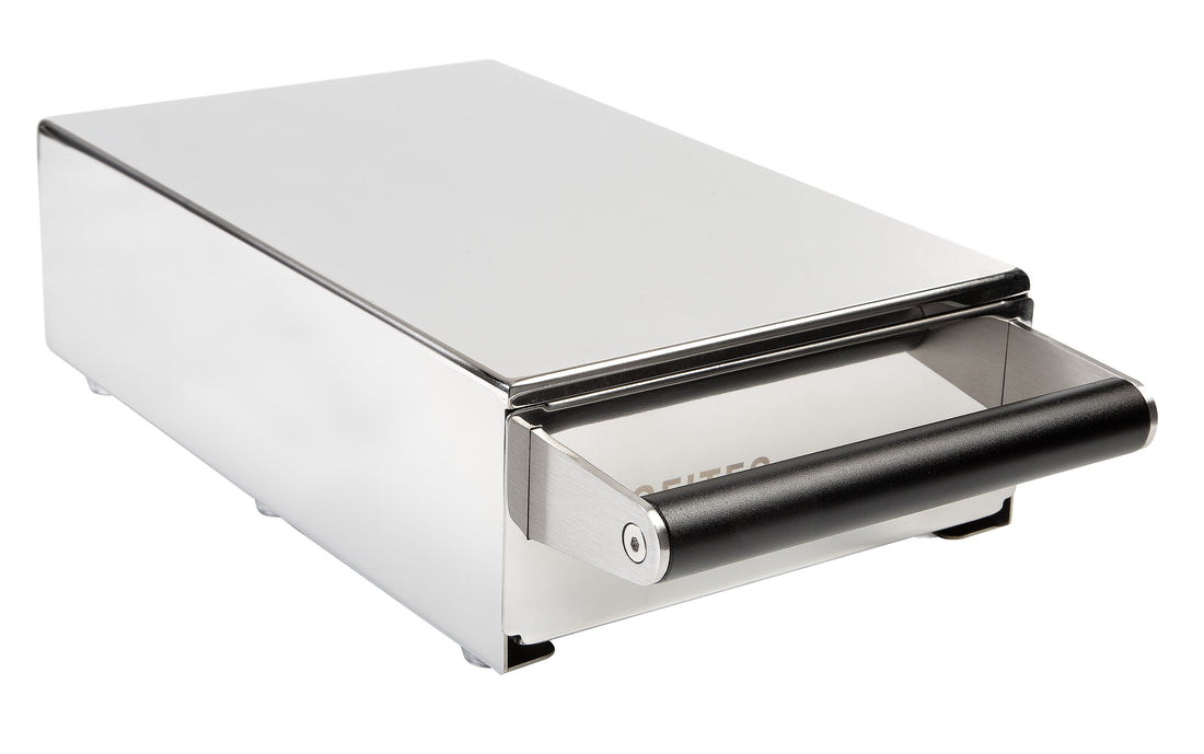 Profitec Knock Box Drawer Polished Steel Drawer Closed || Polished Steel