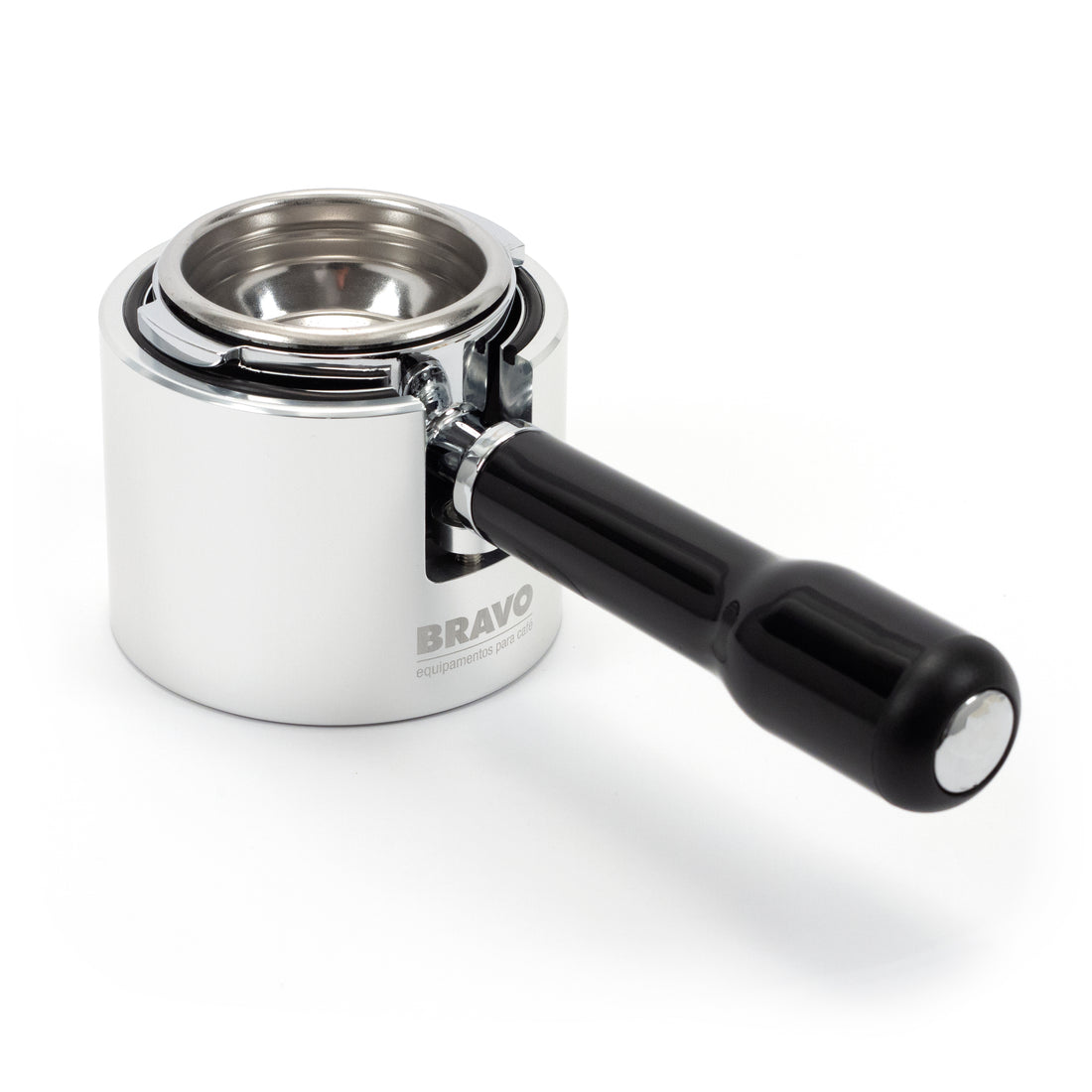 Bravo portafilter holder securing a Profitec portafilter. || Silver