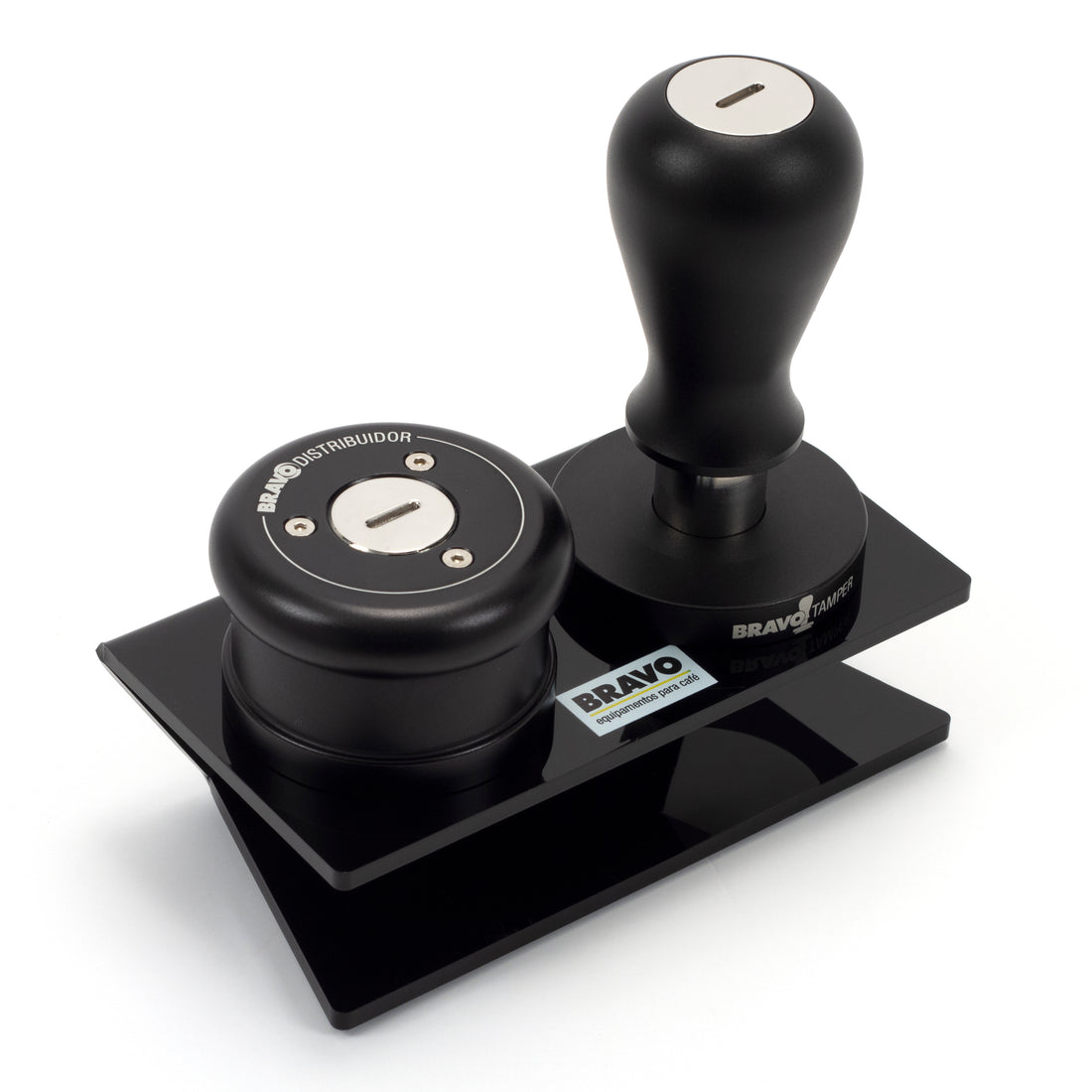 Black acrylic stand holding the Bravo Distributor & Leveler and the Bravo Tamper. || Black