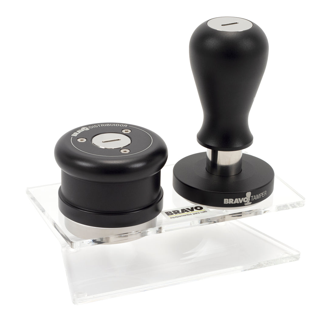 Clear acrylic stand holding the Bravo Distributor & Leveler and the Bravo Tamper. || Clear