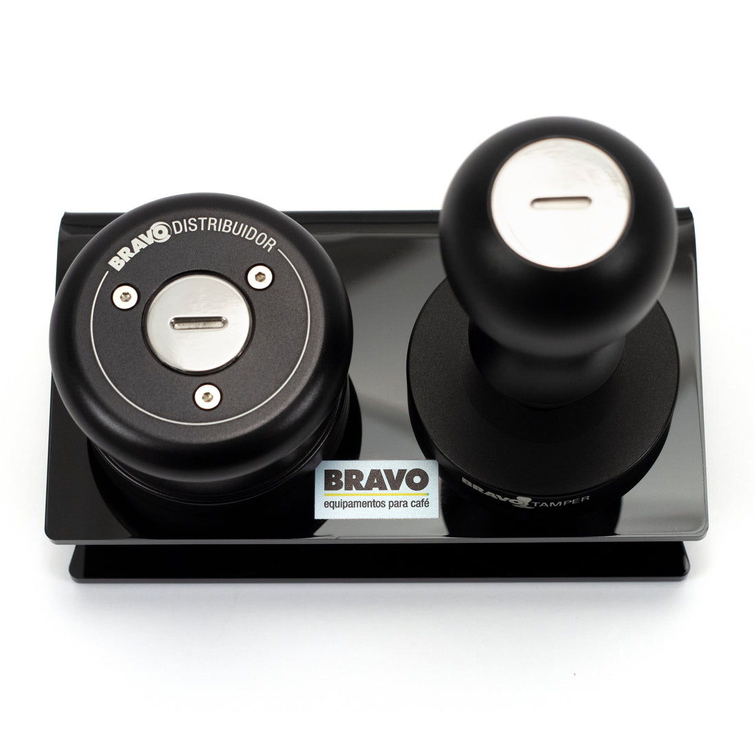 Birdseye view of the Bravo Distributor and Tamper in the Black Acrylic Stand. || Black