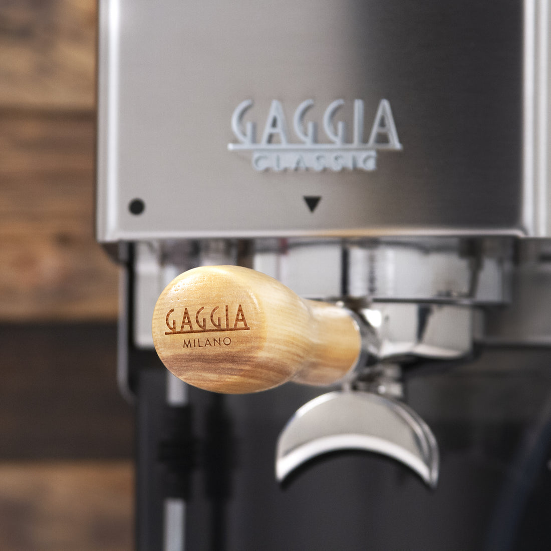 Gaggia Wooden Handle Portafilter in the Gaggia Classic Pro.