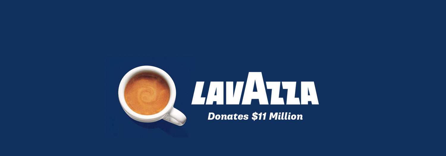 Lavazza logo on a blue background with a subtitle that reads, "Donates $11 Million"