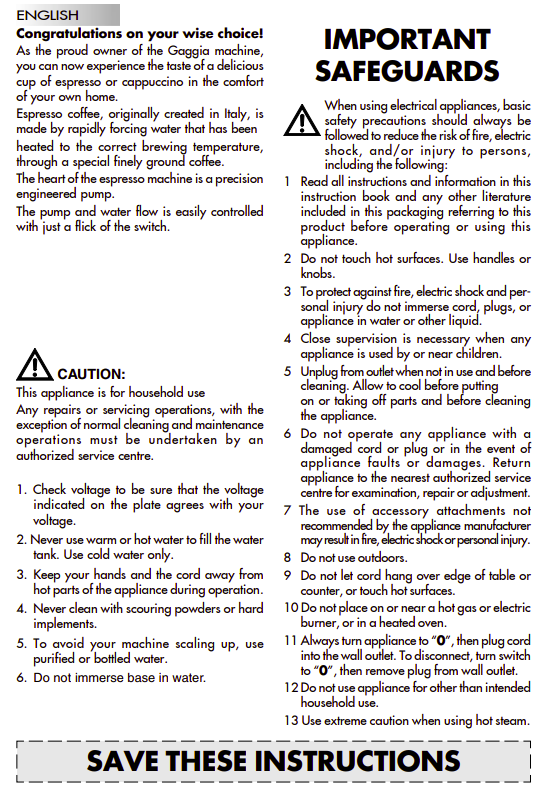 Gaggia Classic: User Manual
