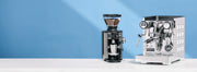 Mahlkonig X54 Coffee Grinder and Rocket Espresso Appartamento Espresso Machine on a white surface with a blue background.