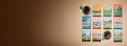 This image shows a collection of tea boxes arranged in a grid on a beige background. Each box features a unique design and color scheme. Teas are PURE Tea
