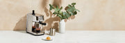 Breville Bambino espresso machine on a table with a vase of eucalyptus and a plate of food.