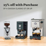 Close-up of the Gaggia MDF Grinder, Gaggia Classic UP and Gaggia Classic GT on a wooden counter in front of a gray wall. Promotional text overlayed that reads "25% off with purchase of a Gaggia Classic GT or UP".