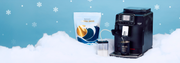 Gaggia Cadorna Milk next to a bag of Crema Wave coffee in the snow in front of a blue and snowy background.