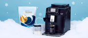 Close-up of a Gaggia Cadorna Milk next to a bag of Crema Wave coffee in the snow in front of a blue and snowy background.