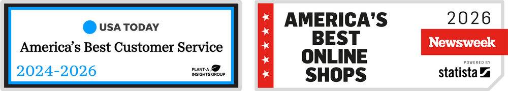Two awards for 'America's Best Customer Service 2024-2026' and 'America's Best Online Shops 2026' with respective logos.