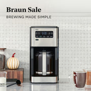 Braun BrewSense Coffee Maker in front of a checkered background with coffee cups around it and promotional text that reads Braun Sale - Brewing Made Simple.