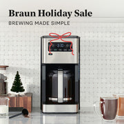 Braun BrewSense coffee machine on a kitchen counter with 'Braun Holiday Sale' text above.