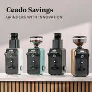 Four Ceado Life X coffee grinders in different colors on a wooden surface with a neutral background. Promotional text that reads "Ceado Savings".