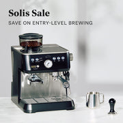 Solis Grind and Infuse Perfetta Espresso machine with coffee beans on a white background, featuring Solis Sale text.