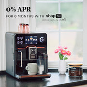 Gaggia Accademia on a black counter top in front of a window with promotional text that reads "0% APR for 6 months with Shop Pay".