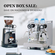 Rocket Espresso Mozzafiato Cronometro V next to a Ceado E37S grinder on a white counter top with promotional text that reads "Open Box Sale: Save on Machines and Grinders!".