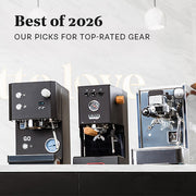 Profitec GO, Gaggia Classsic UP and Stone Lite Espresso machines lined up on a white counter in front of a white wall. Promotional text overlayed that reads "Best of 2026 - Our picks for top-rated gear".