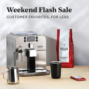 Gaggia Brera in Silver next to a bag of Gaggia Milano Intenso Coffee a cup, cleaning tablets and a milk frothing pitcher. Promotional text overlayed that reads "Weekend Flash Sale - Customer Favorites, For Less".