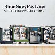 Four espresso machines lined up on a countertop against a light gray wall, with promotional text at the top reading 'Brew Now, Pay Later' and 'WITH FLEXIBLE PAYMENT OPTIONS.'.