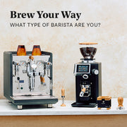ECM Synchronika Espresso Machine in Anthracite next to a Ceado REV grinder and other Wiedemann espresso tools on a white counter in front of a brown and white wall. Promotional text overlayed that reads "Brew Your Way - What Type of Barista Are you?".