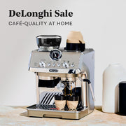 DeLonghi La Specialista espresso machine on a wooden surface with a white background and promotional text that reads "DeLonghi Sale".