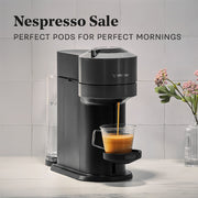 Nespresso Vertuo Next coffee machine dispensing coffee into a cup with promotional text that reads "Nespresso Sale".