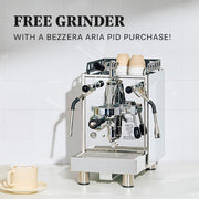 Bezzera Aira PID Espresso machine with Flow Control on a white counter in front of a white tiled wall. Promotional text that reads "FREE GRINDER - With a Bezzera Aria PID Purchase!".