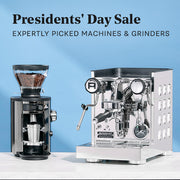 Coffee grinder and espresso machine with 'Presidents' Day Sale' text on a blue background.