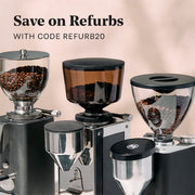 Three coffee grinders with coffee beans on a beige background, promotional text overlayed that reads "Save on Refurbs with code REFURB20".