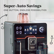 Gaggia Accademia in front of a white wall with promotional text that reads "Super-Auto Savings - One Button, Endless Possibilities".