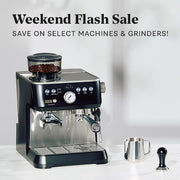 Solis Grind and Infuse Perfetta on a marble counter top in front of a white background with promotional text that reads "Weekend Flash Sale - Save on Select Machines & Grinders!".
