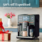 Gaggia Accademia in Black on a marble counter top with promotional text that reads "50% off expedited shipping with your purchase".