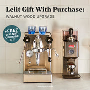 Lelit Mara X Espresso machine and grinder with walnut wood upgrade offer on a tiled wall background. Upgrade through Lelit website.
