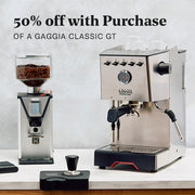 Close-up of the Gaggia Classic GT next to the Gaggia MDF Grinder on a white counter in front of a white and gray background. Promotional text overlayed that reads "50% Off MDF with Purchase of a Gaggia Classic GT".