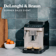 DeLonghi Magnifica EVO Super-Automatic machine on a gray counter top and in front of a blue tiled wall. Promotional text overlayed that reads "DeLonghi & Braun Summer Sales Event".