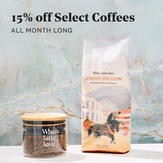 Two coffee products with a marble background and promotional text for 15% off select coffees.