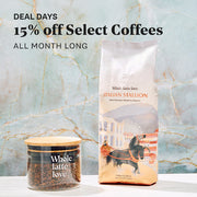 Two coffee products with a marble background and promotional text for 15% off select coffees.