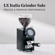 LX Italia Grinder in black with a portafilter on a white counter in front of a gray wall. Promotional text overlayed that reads "LX Italia Grinder Sale - Precise & Premium Performance".