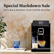 A black Gaggia Magenta Prestige and cup of coffee, shown on a countertop against a textured beige wall, with a blue glass next to it. Promotional text overlayed that reads "Special Markdown Sale - Save big & refresh your coffee routine".